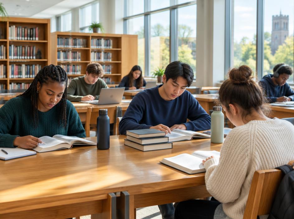 University students reading and taking notes together in a library