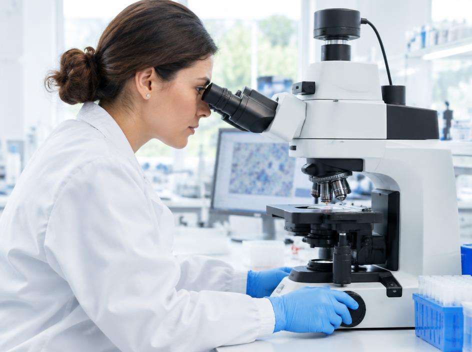A scientist examining samples through a microscope in a light-filled laboratory